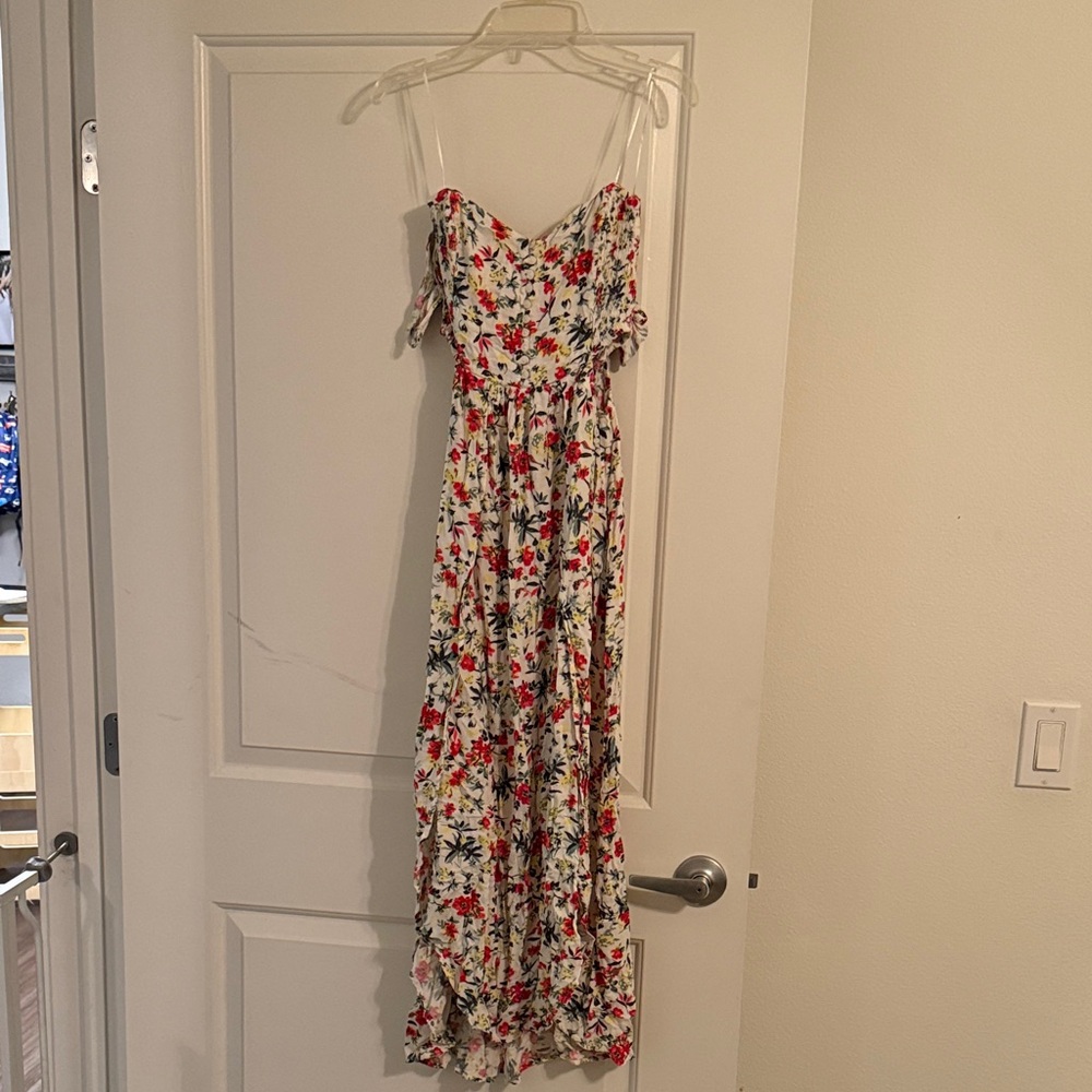 Lush Red and White Floral medium off the shoulder Maxi Dress